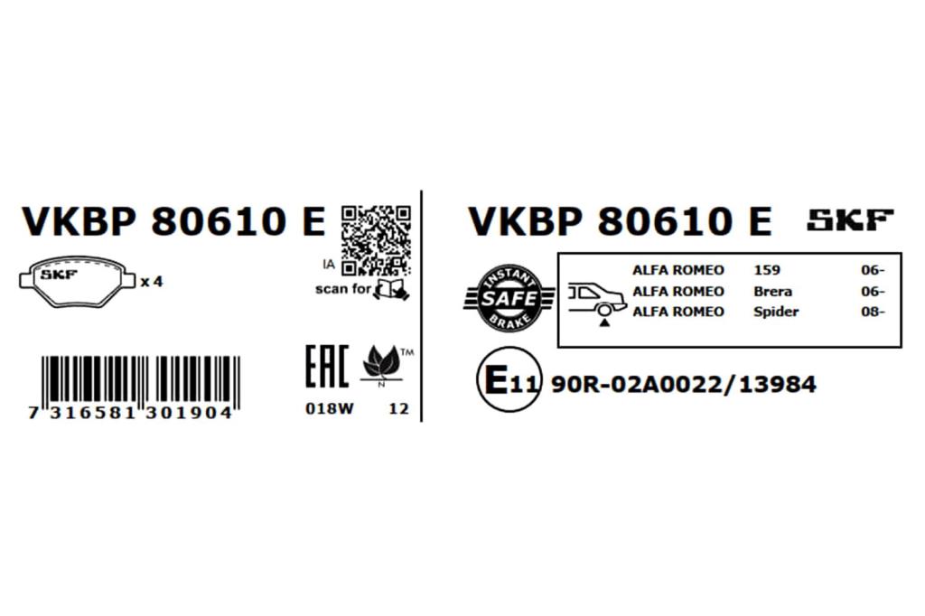 Jeu de 4 plaquettes de frein SKF VKBP 80610 E